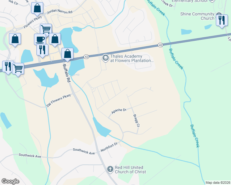 map of restaurants, bars, coffee shops, grocery stores, and more near 327 Bragg Court in Clayton
