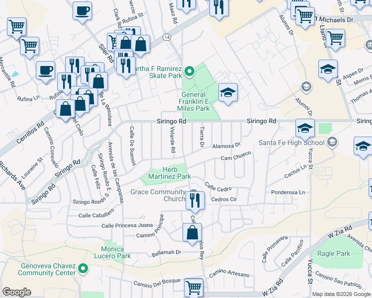 map of restaurants, bars, coffee shops, grocery stores, and more near 1011 Camino Redondo in Santa Fe