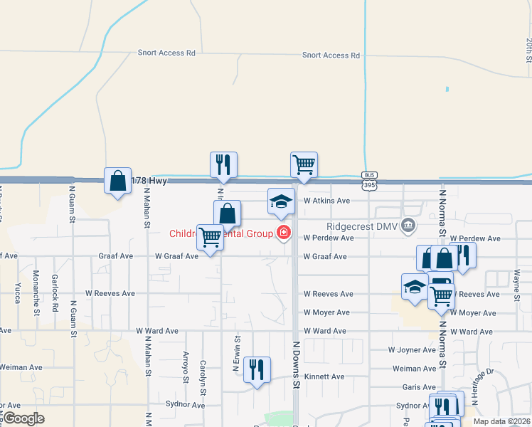 map of restaurants, bars, coffee shops, grocery stores, and more near 1001 Atkins Street in Ridgecrest