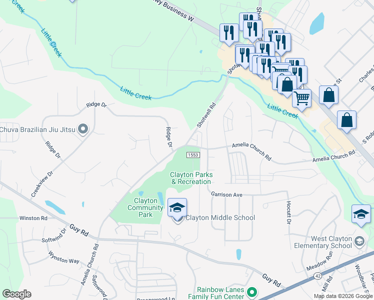 map of restaurants, bars, coffee shops, grocery stores, and more near 40 Shotwell Road in Clayton