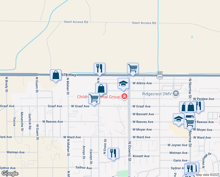 map of restaurants, bars, coffee shops, grocery stores, and more near 1008 West Alene Avenue in Ridgecrest