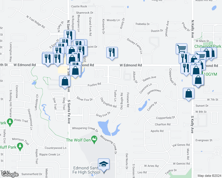 map of restaurants, bars, coffee shops, grocery stores, and more near 508 Fox Hunt Lane in Edmond