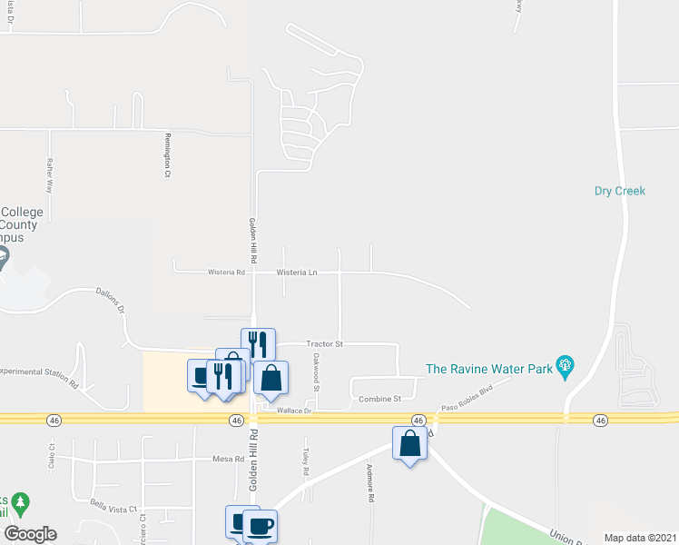 map of restaurants, bars, coffee shops, grocery stores, and more near Wisteria Lane in Paso Robles