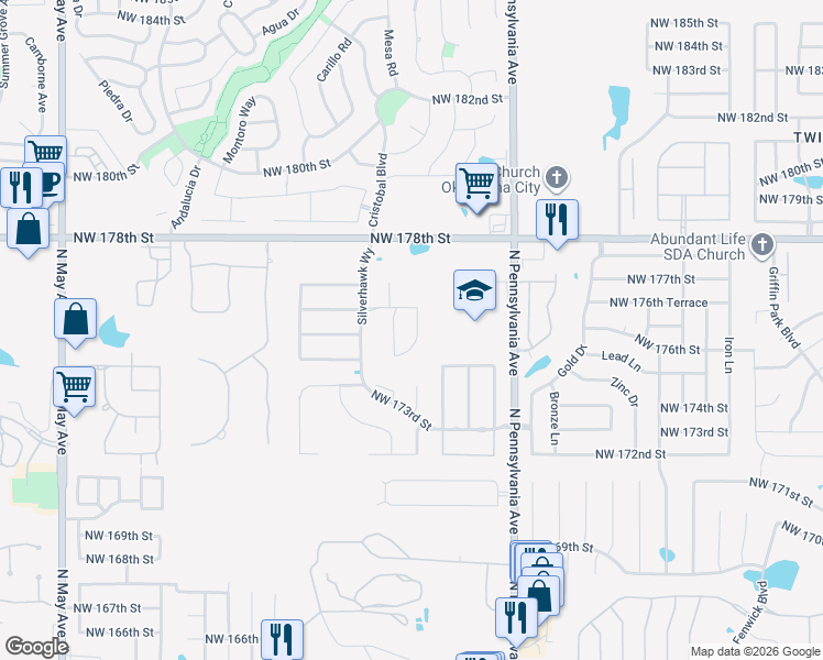 map of restaurants, bars, coffee shops, grocery stores, and more near 17601 Red Tailed Hawk Way in Edmond