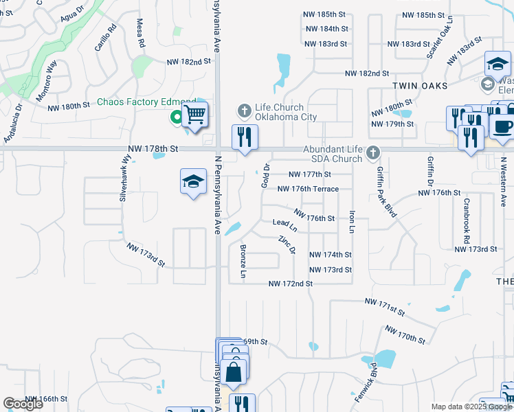 map of restaurants, bars, coffee shops, grocery stores, and more near 17613 Gold Drive in Edmond