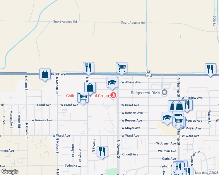 map of restaurants, bars, coffee shops, grocery stores, and more near 920 West Alene Avenue in Ridgecrest