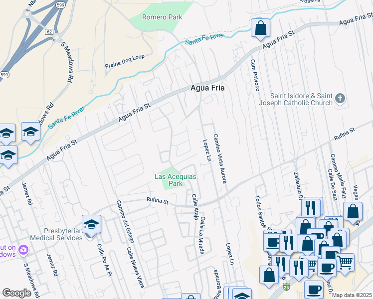 map of restaurants, bars, coffee shops, grocery stores, and more near 1054 Calle Don Roberto in Santa Fe