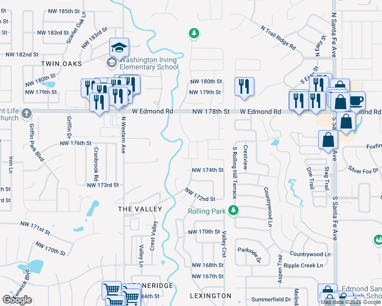 map of restaurants, bars, coffee shops, grocery stores, and more near 17604 Sunny Hollow Road in Edmond