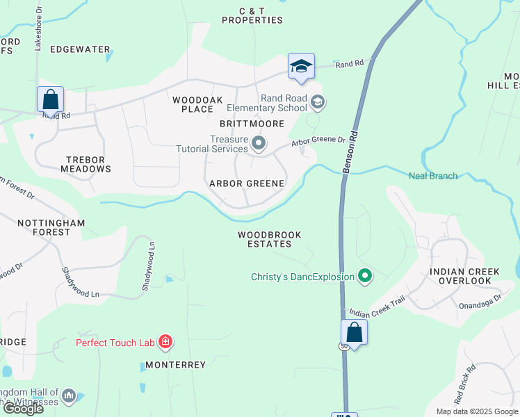 map of restaurants, bars, coffee shops, grocery stores, and more near 1228 Arbor Greene Drive in Garner