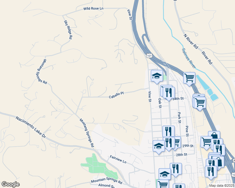 map of restaurants, bars, coffee shops, grocery stores, and more near Caballo Place in Paso Robles