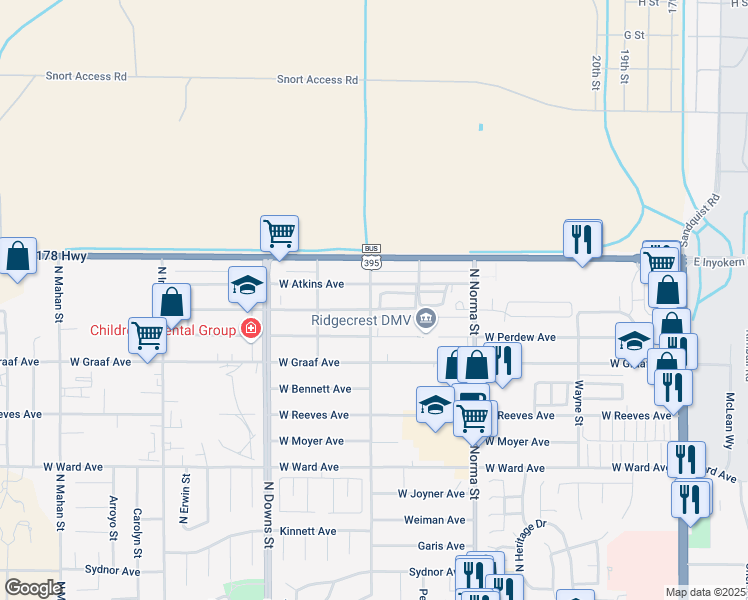 map of restaurants, bars, coffee shops, grocery stores, and more near 622 West Atkins Avenue in Ridgecrest