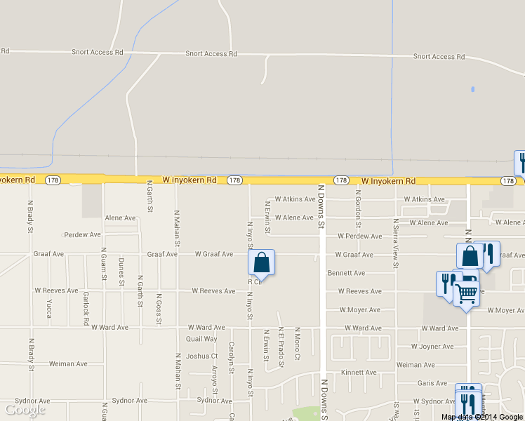 map of restaurants, bars, coffee shops, grocery stores, and more near 1613 North Erwin Street in Ridgecrest