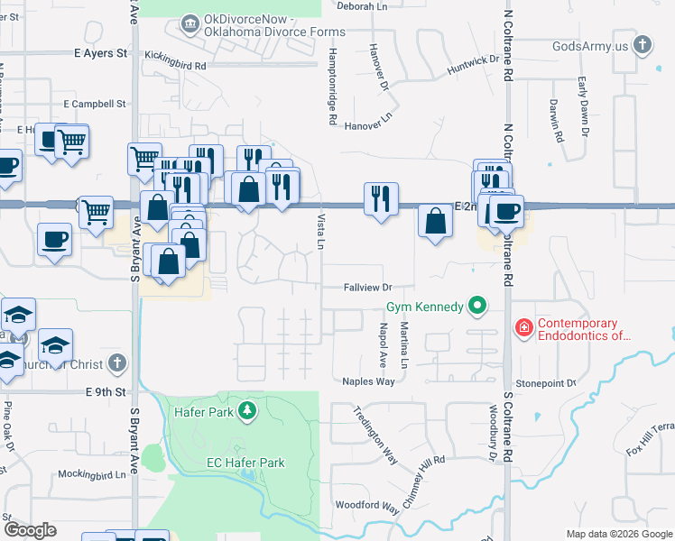 map of restaurants, bars, coffee shops, grocery stores, and more near 2301 Alta Vista Lane in Edmond