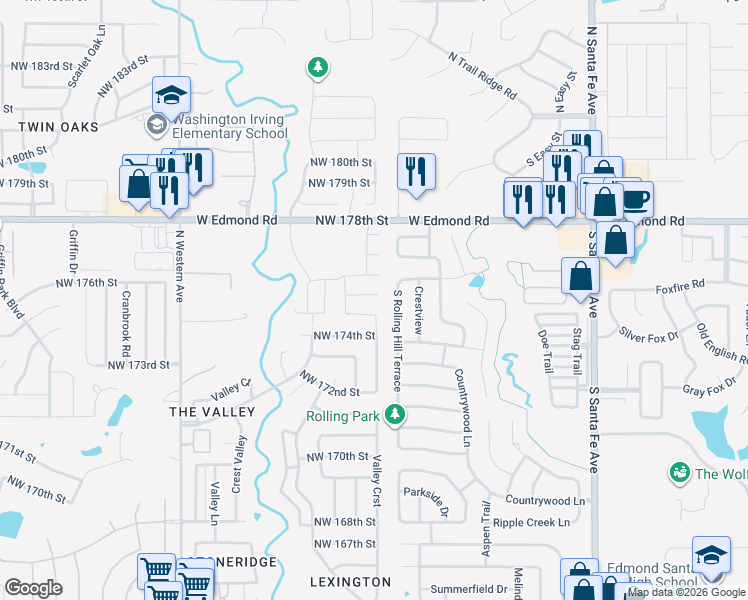 map of restaurants, bars, coffee shops, grocery stores, and more near 500 Northwest 178th Street in Edmond