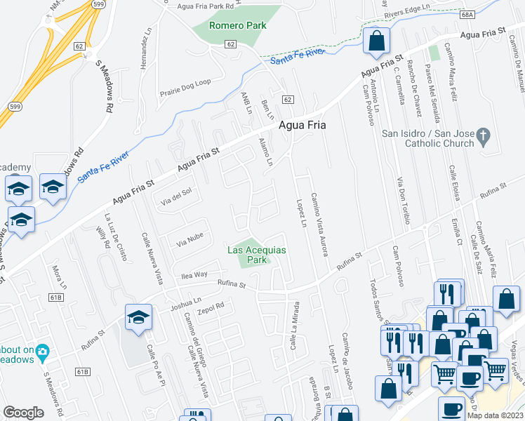 map of restaurants, bars, coffee shops, grocery stores, and more near 4324 Calle Guillermo in Santa Fe