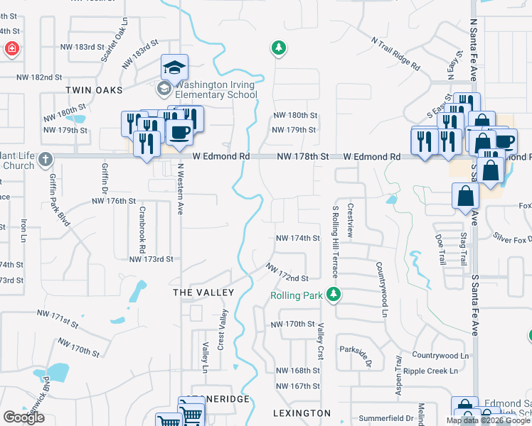 map of restaurants, bars, coffee shops, grocery stores, and more near 17605 Sunny Hollow Road in Edmond