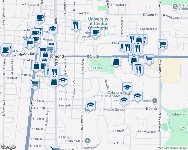 map of restaurants, bars, coffee shops, grocery stores, and more near 610 Park Place in Edmond