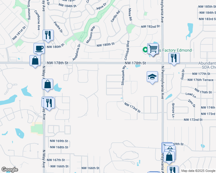 map of restaurants, bars, coffee shops, grocery stores, and more near 604 Northwest 175th Street in Edmond