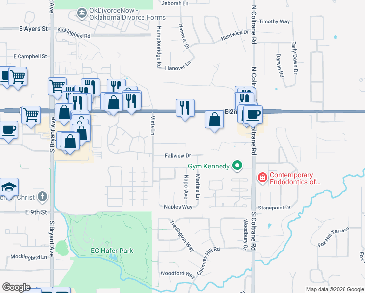 map of restaurants, bars, coffee shops, grocery stores, and more near 2425 Alta Vista Lane in Edmond