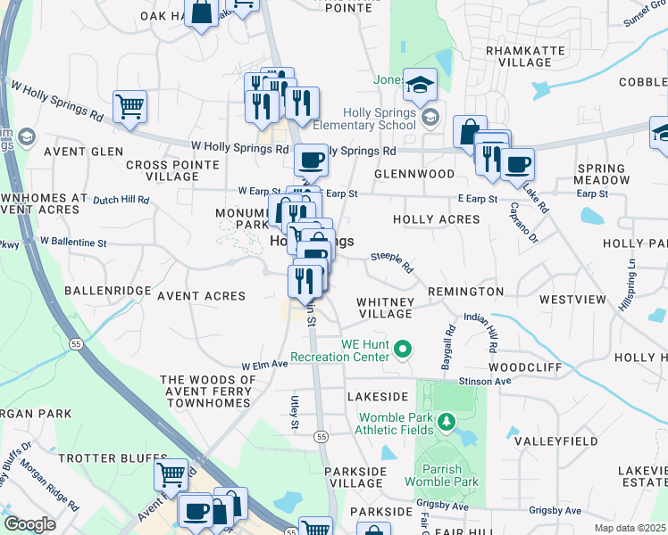 map of restaurants, bars, coffee shops, grocery stores, and more near 100 Steeple Road in Holly Springs