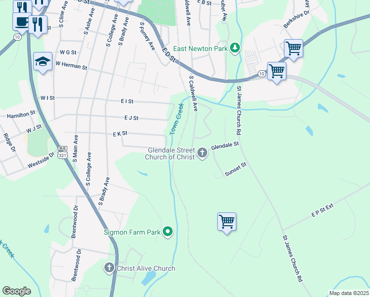 map of restaurants, bars, coffee shops, grocery stores, and more near 1018 South Caldwell Avenue in Newton