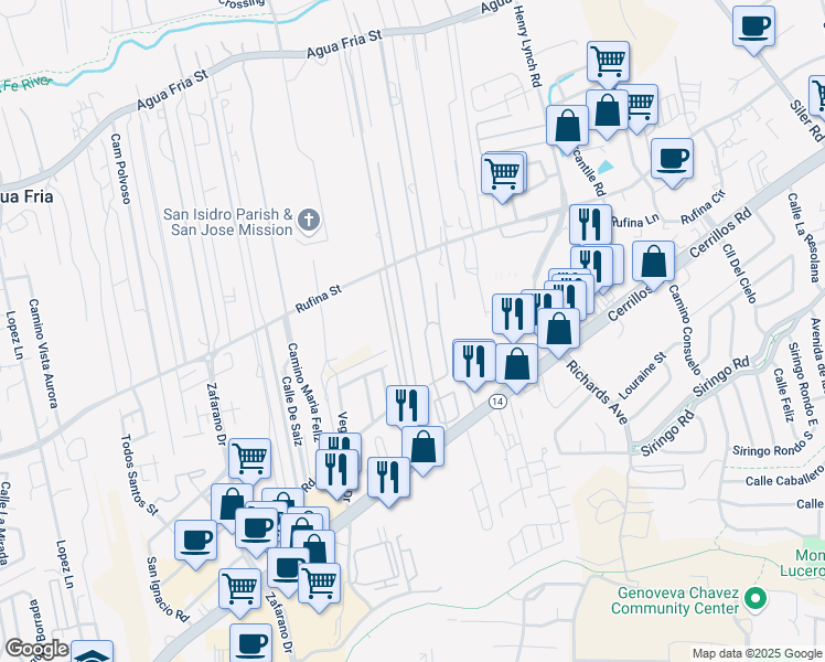 map of restaurants, bars, coffee shops, grocery stores, and more near 36 Atocha Road in Santa Fe