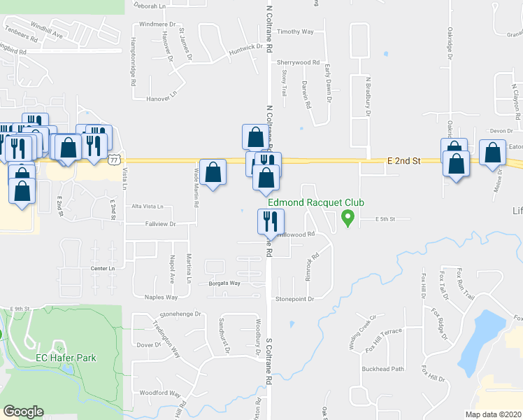 map of restaurants, bars, coffee shops, grocery stores, and more near 2708 Verona Court in Edmond