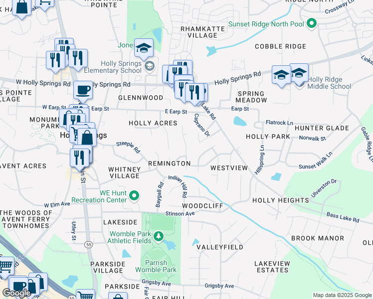map of restaurants, bars, coffee shops, grocery stores, and more near 337 Birdsong Way in Holly Springs