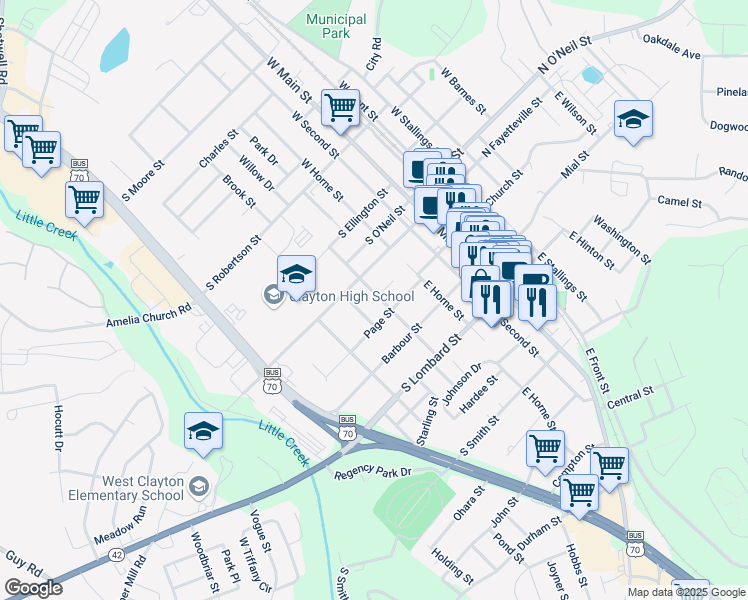 map of restaurants, bars, coffee shops, grocery stores, and more near 123 East Blanche Street in Clayton