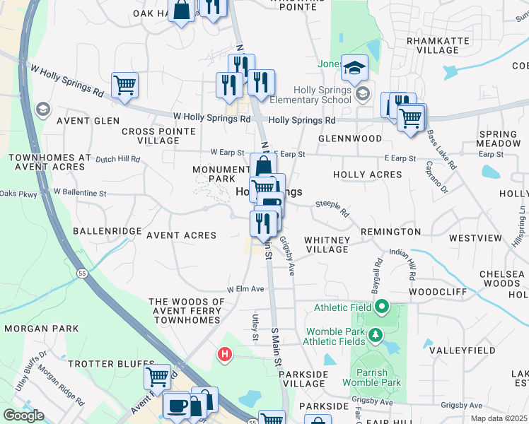 map of restaurants, bars, coffee shops, grocery stores, and more near 128 South Main Street in Holly Springs