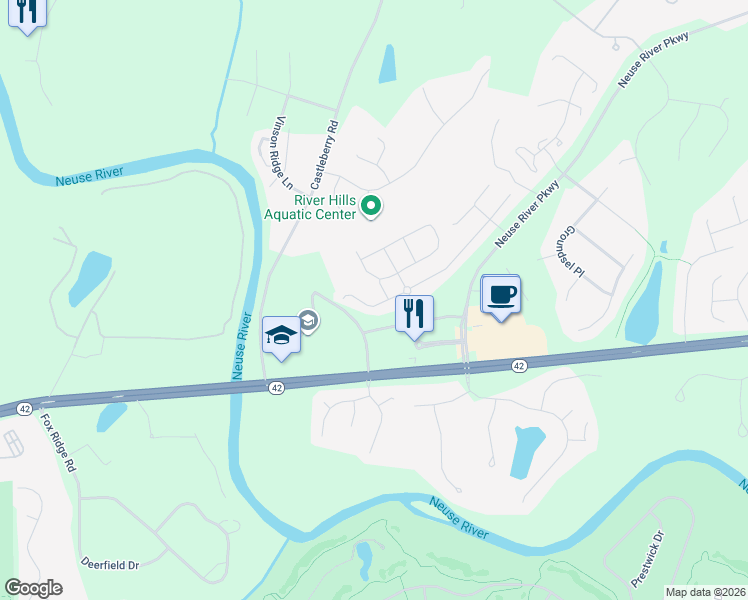 map of restaurants, bars, coffee shops, grocery stores, and more near 95 Wethergate Drive in Clayton