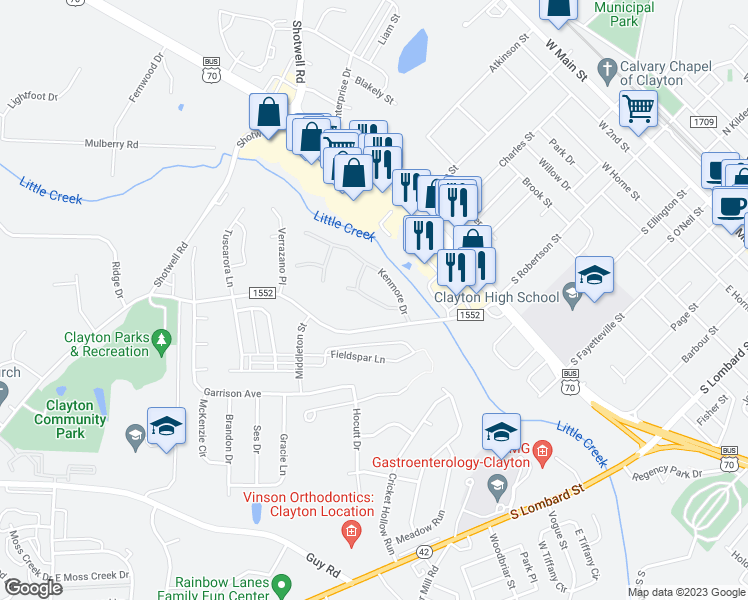 map of restaurants, bars, coffee shops, grocery stores, and more near Kershaw Lane in Clayton