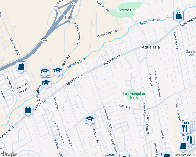 map of restaurants, bars, coffee shops, grocery stores, and more near 5230 Via del Cielo Lane in Santa Fe