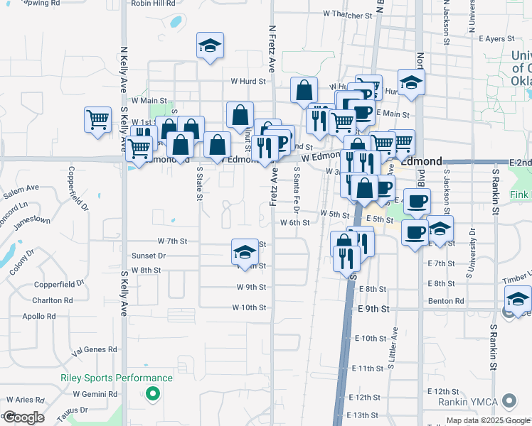 map of restaurants, bars, coffee shops, grocery stores, and more near 487 Fretz Avenue in Edmond