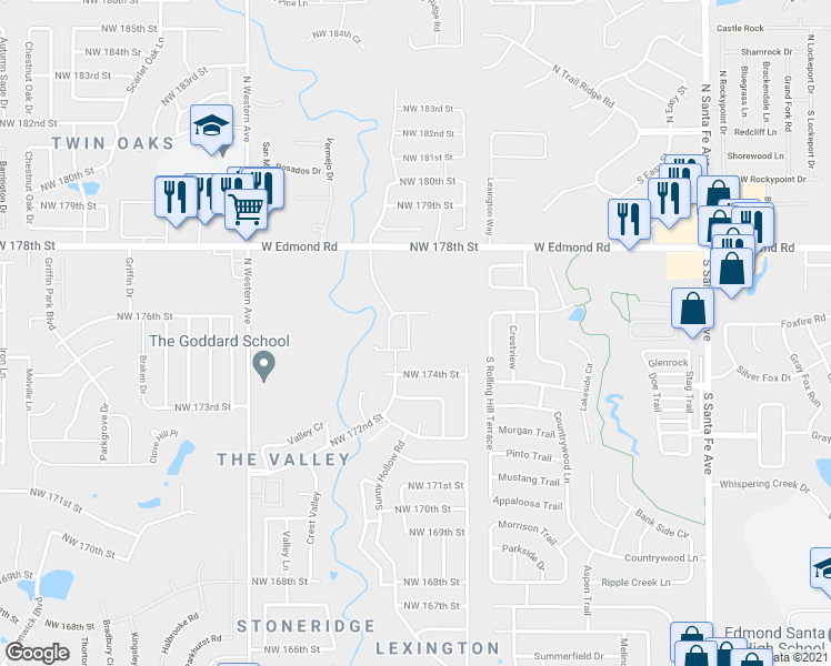 map of restaurants, bars, coffee shops, grocery stores, and more near 17613 Hampton Park Drive in Edmond