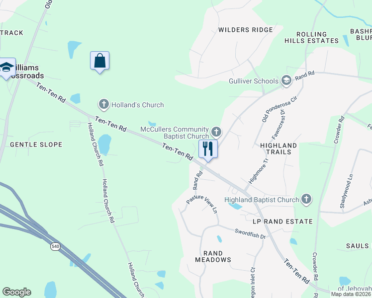 map of restaurants, bars, coffee shops, grocery stores, and more near 9717 Ten-Ten Road in Raleigh