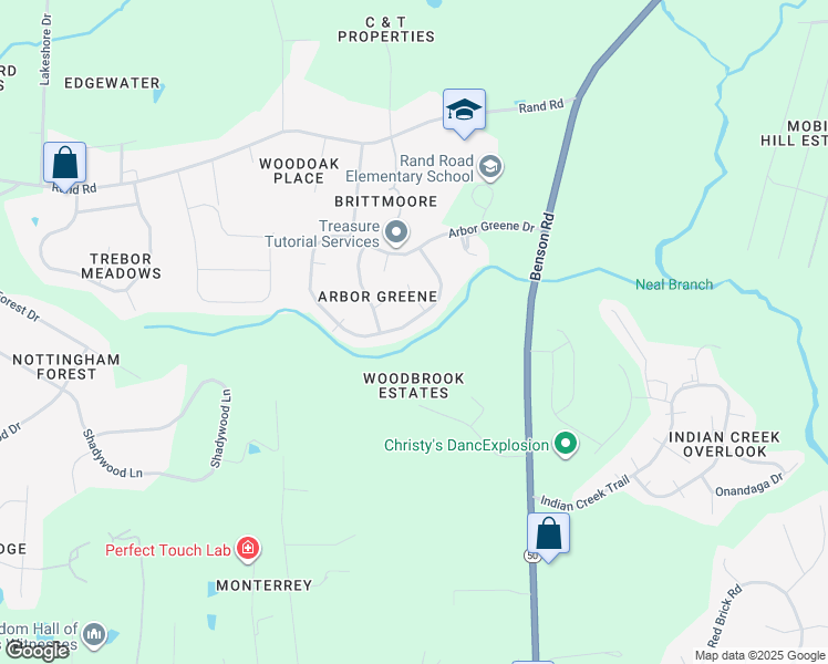 map of restaurants, bars, coffee shops, grocery stores, and more near 1228 Arbor Greene Drive in Garner