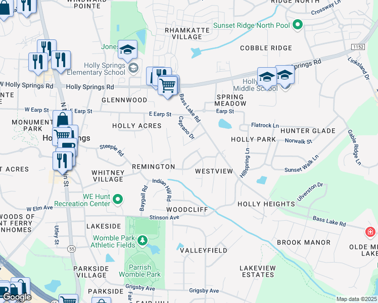 map of restaurants, bars, coffee shops, grocery stores, and more near 220 Peakhill Road in Holly Springs
