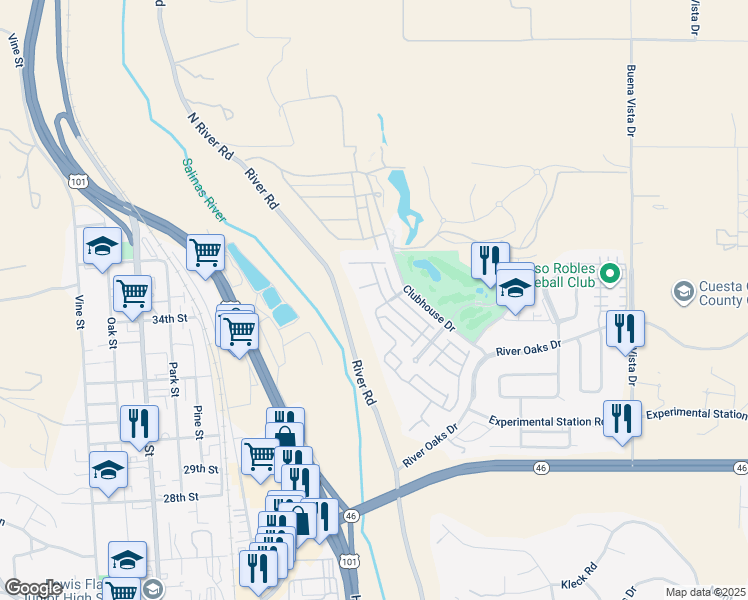 map of restaurants, bars, coffee shops, grocery stores, and more near 2425 Traditions Loop in Paso Robles