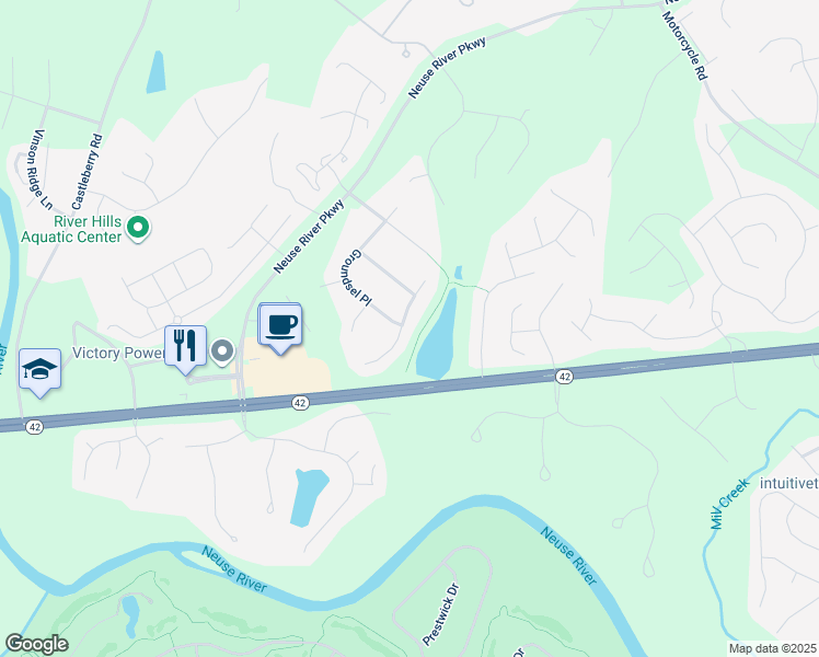 map of restaurants, bars, coffee shops, grocery stores, and more near 112 Waterleaf Place in Clayton