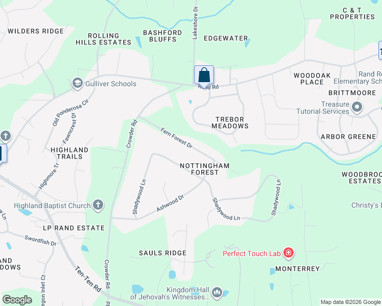 map of restaurants, bars, coffee shops, grocery stores, and more near 140 Fern Forest Drive in Raleigh