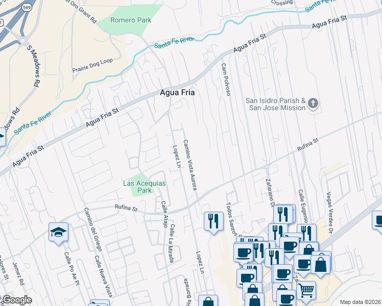map of restaurants, bars, coffee shops, grocery stores, and more near 996 Camino Vista Aurora in Santa Fe