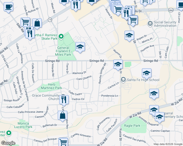 map of restaurants, bars, coffee shops, grocery stores, and more near 2602 Alamosa Drive in Santa Fe