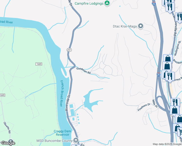 map of restaurants, bars, coffee shops, grocery stores, and more near Goodman Road in Asheville