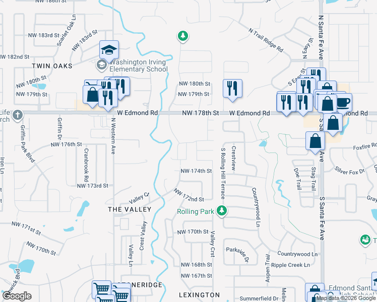 map of restaurants, bars, coffee shops, grocery stores, and more near 17613 Hampton Park Drive in Edmond