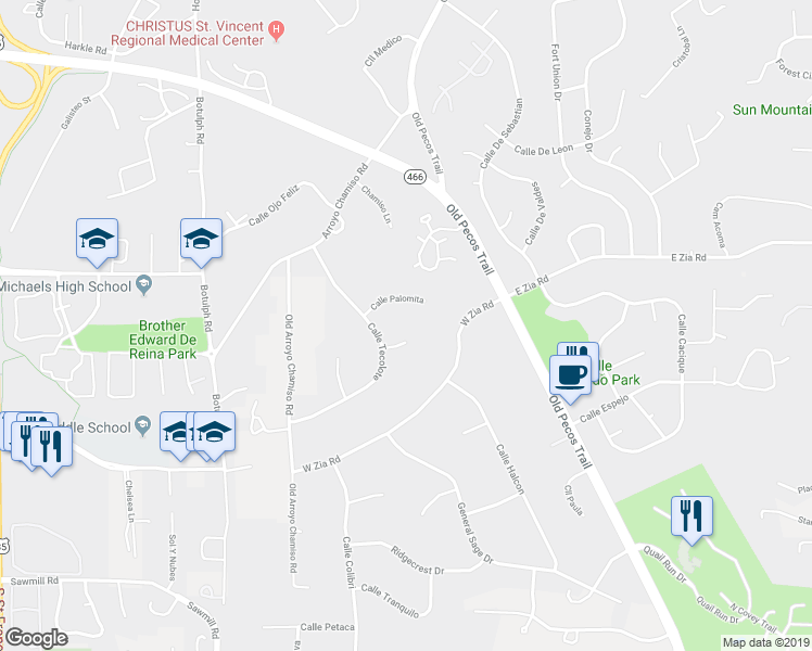 map of restaurants, bars, coffee shops, grocery stores, and more near 111 Calle Paisano in Santa Fe