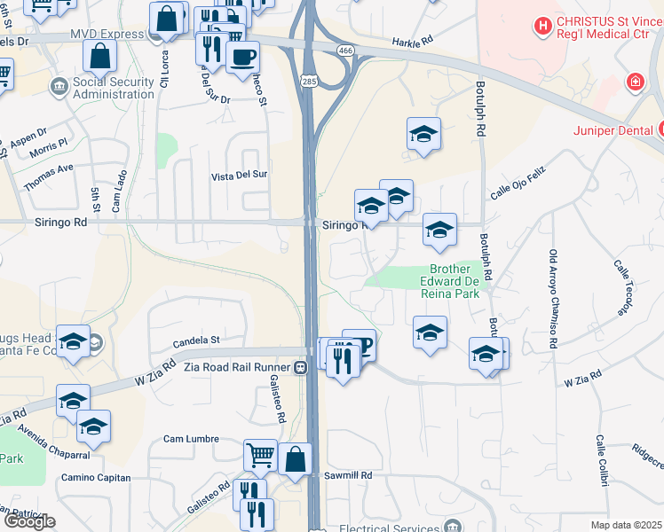 map of restaurants, bars, coffee shops, grocery stores, and more near 1000 La Salle Circle in Santa Fe