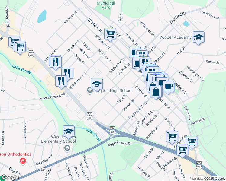 map of restaurants, bars, coffee shops, grocery stores, and more near 415 South Fayetteville Street in Clayton