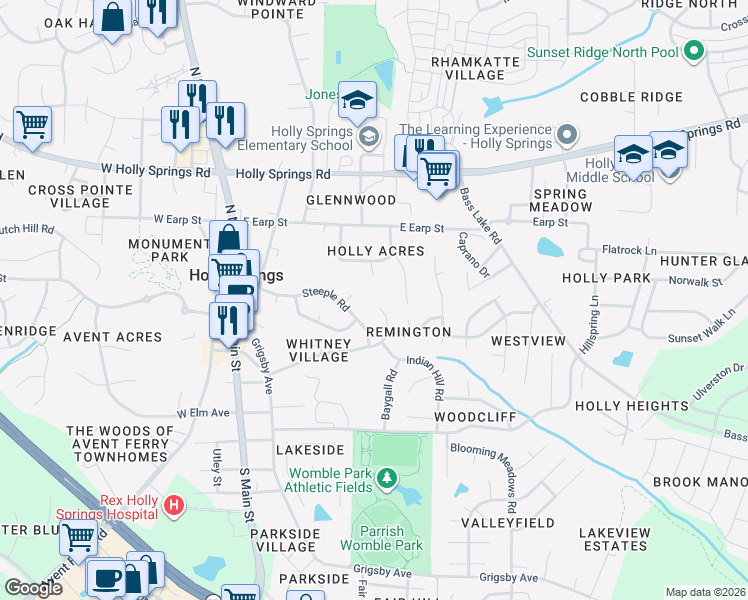 map of restaurants, bars, coffee shops, grocery stores, and more near 301 Wolfbridge Road in Holly Springs