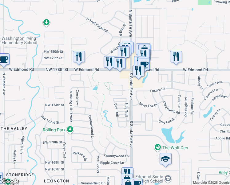 map of restaurants, bars, coffee shops, grocery stores, and more near 2437 Wheat Ridge in Edmond